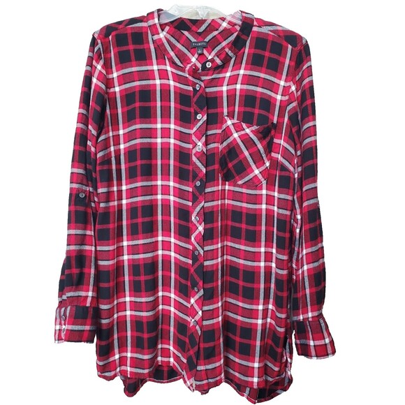 Talbots Red Plaid Brushed Cotton Roll Tab Sleeve Button-Up Shirt Size Large - Picture 1 of 6
